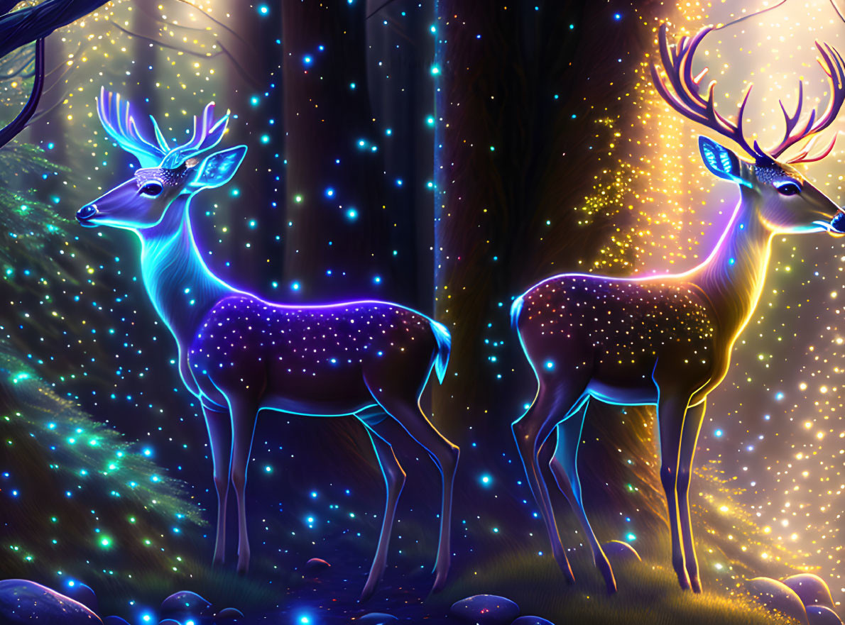 Ethereal deer with antlers in mystical forest surrounded by luminous plants