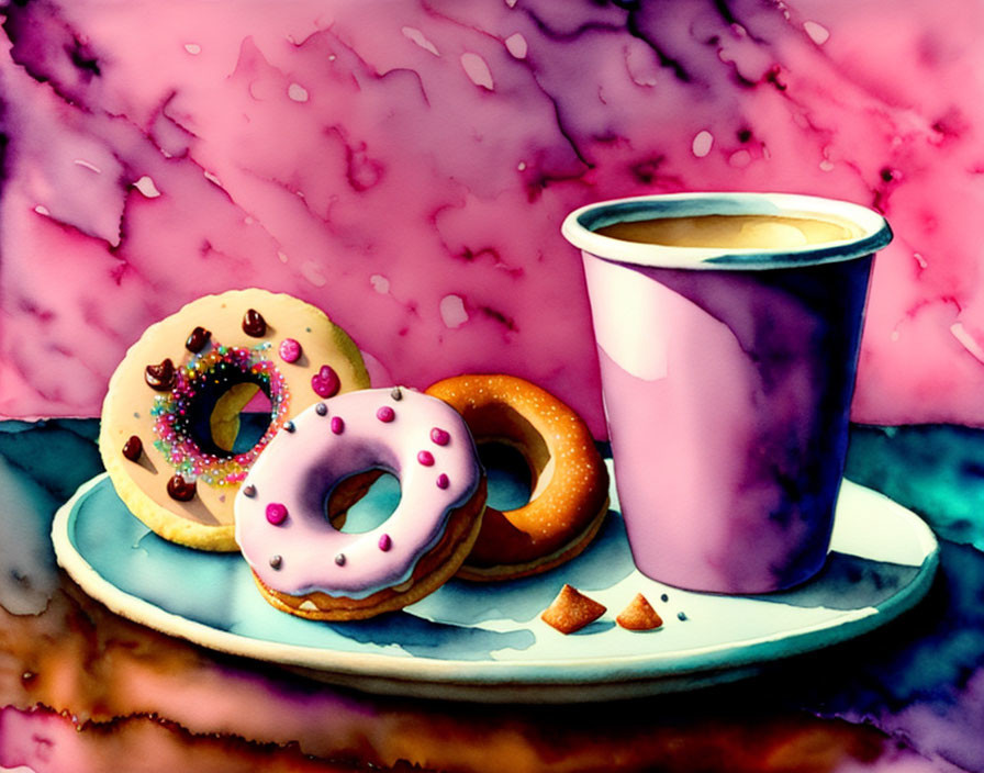 Watercolor illustration of coffee cup & assorted doughnuts on pastel plate