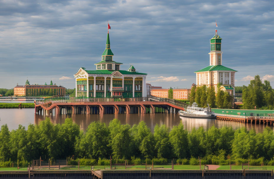 Green and white majestic building with towers and spires, red bridge over river, boat docked,