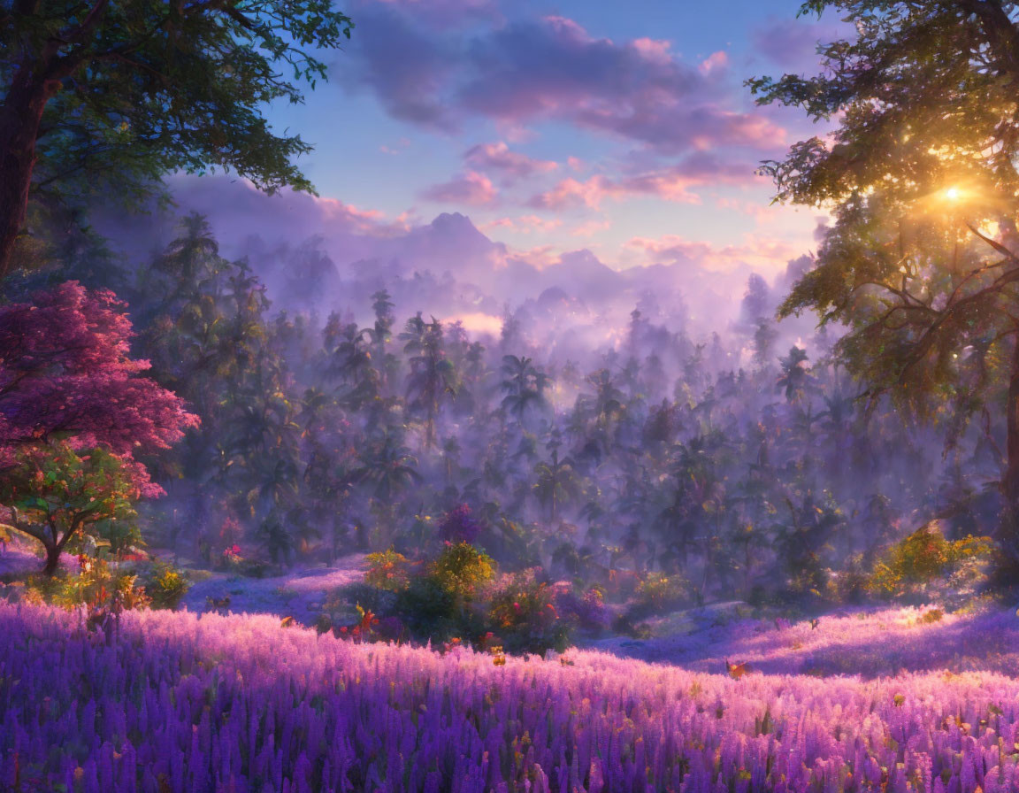 Sunrise landscape with misty woods, purple flowers, and pink tree