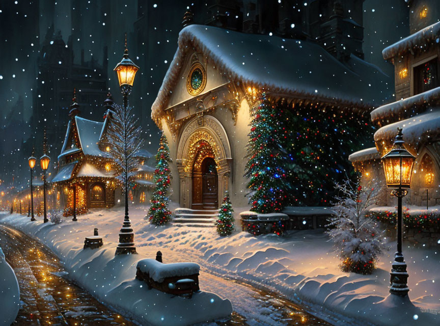 Snow-covered village with Christmas trees and glowing lamps in winter scene