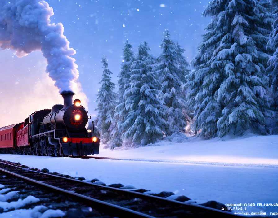 Vintage steam train in snowy landscape with pine trees under twilight sky