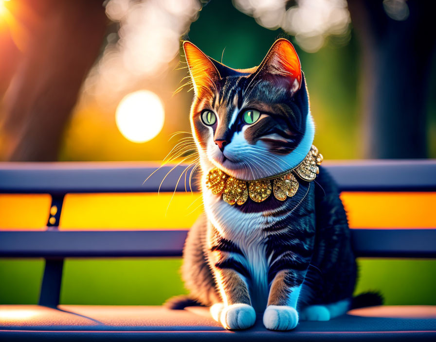 Regal Tabby Cat with Golden Necklace in Sunset Setting