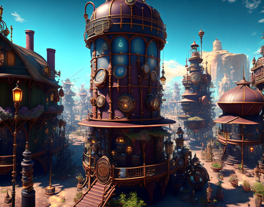 Steampunk cityscape with circular buildings, cogwheels, and copper pipes under blue sky