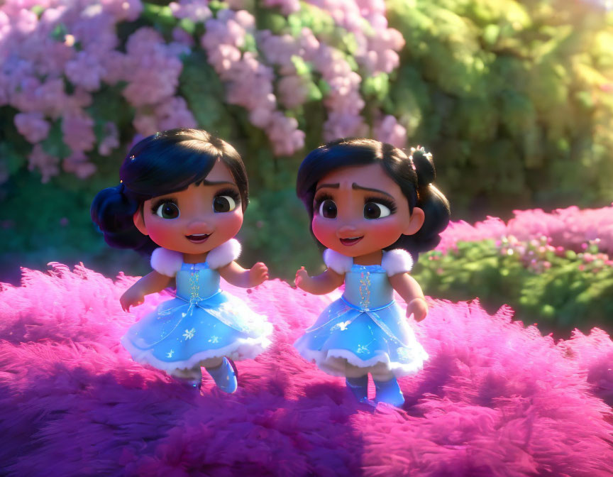 Two animated characters in blue dresses among pink flowers, one gesturing excitedly