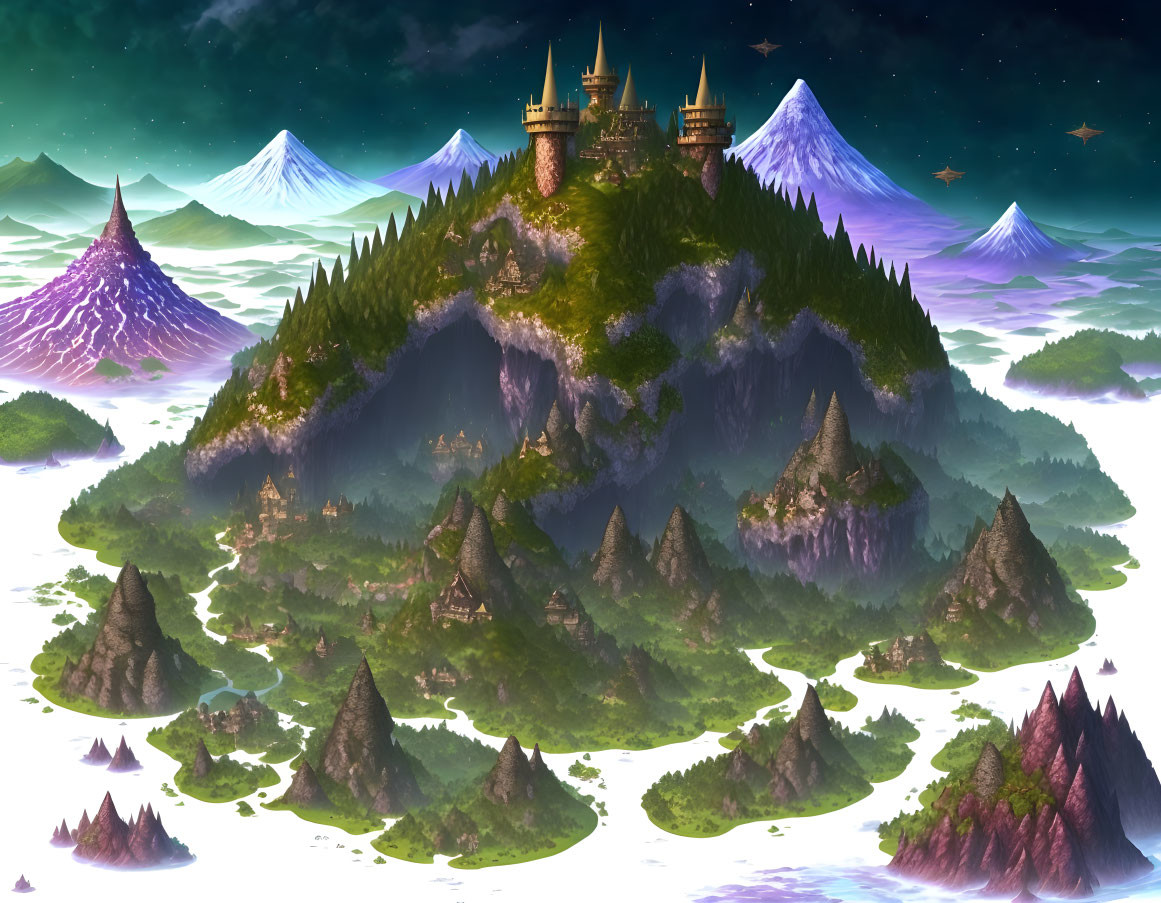 Majestic castle in mountain landscape at dusk