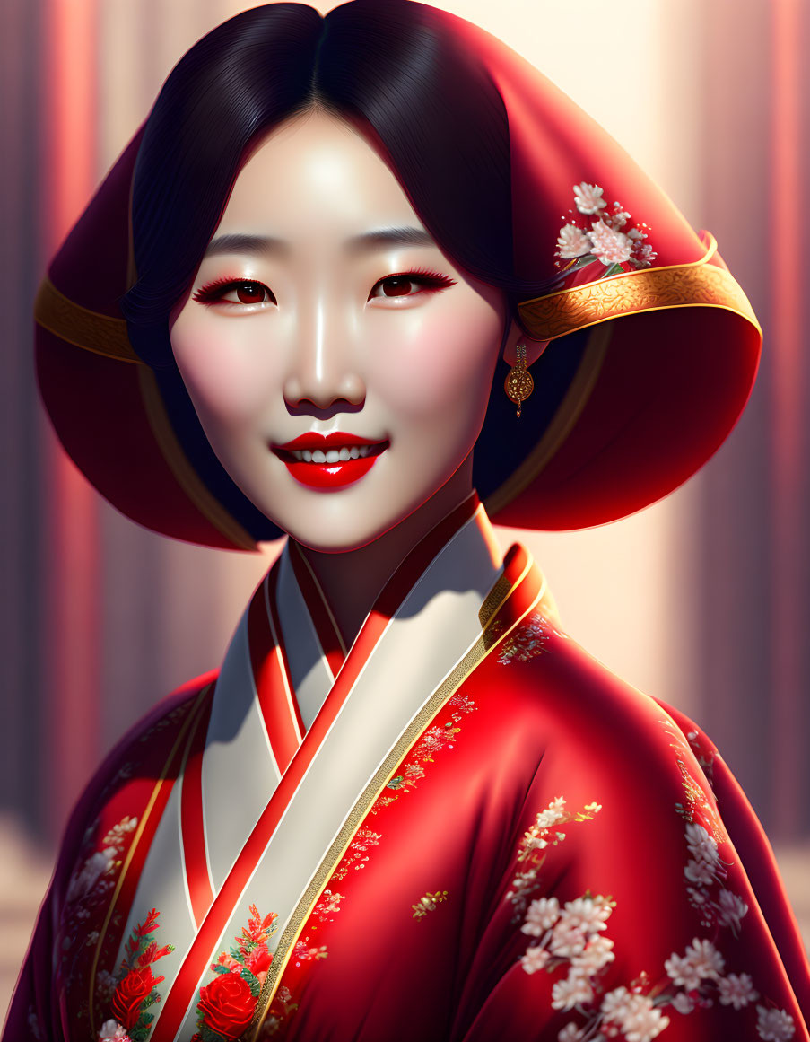 Smiling woman in red Korean hanbok with floral embroidery