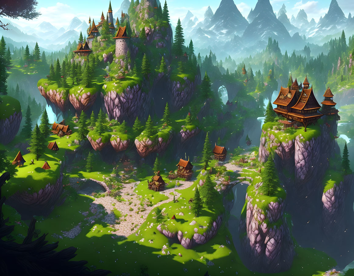 Fantasy landscape with rock pillars, castles, houses, forests, and mountains