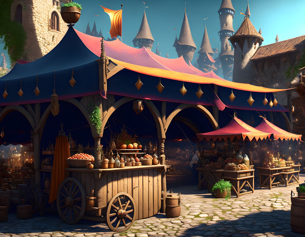 Vibrant medieval market with colorful tents and fruit cart