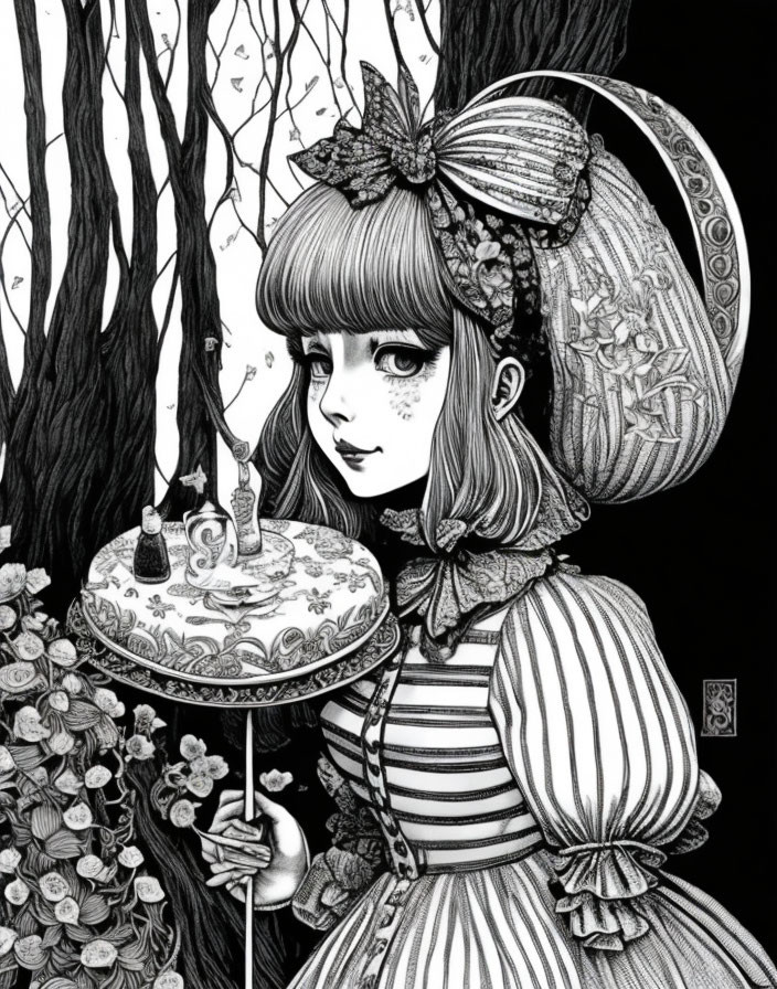 Monochromatic illustration of girl with bobbed hair, bow, ruffled dress, parasol,