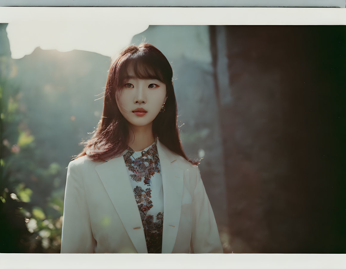 Dark-Haired Woman in White Blazer and Floral Blouse Outdoors