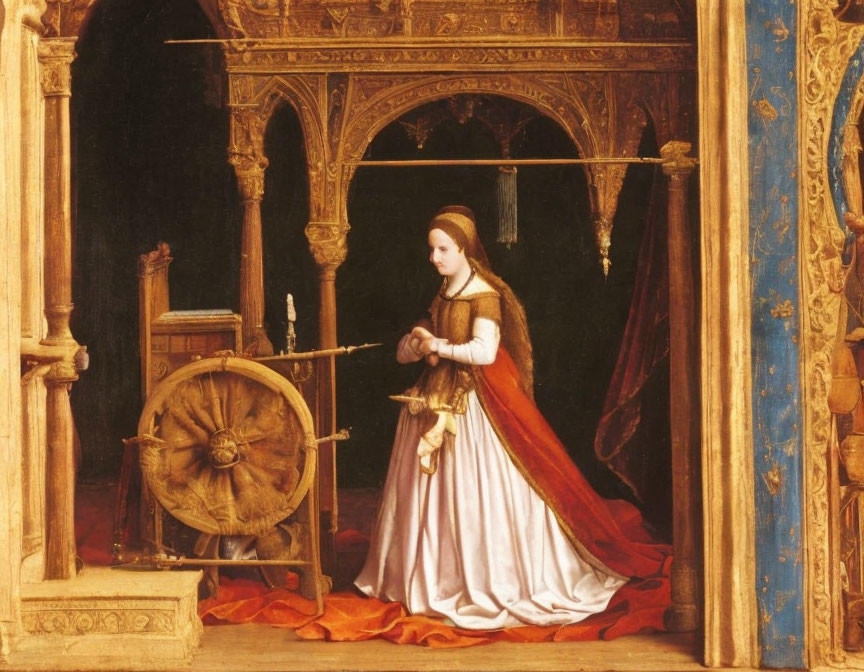 Medieval woman by spinning wheel in ornate Gothic room