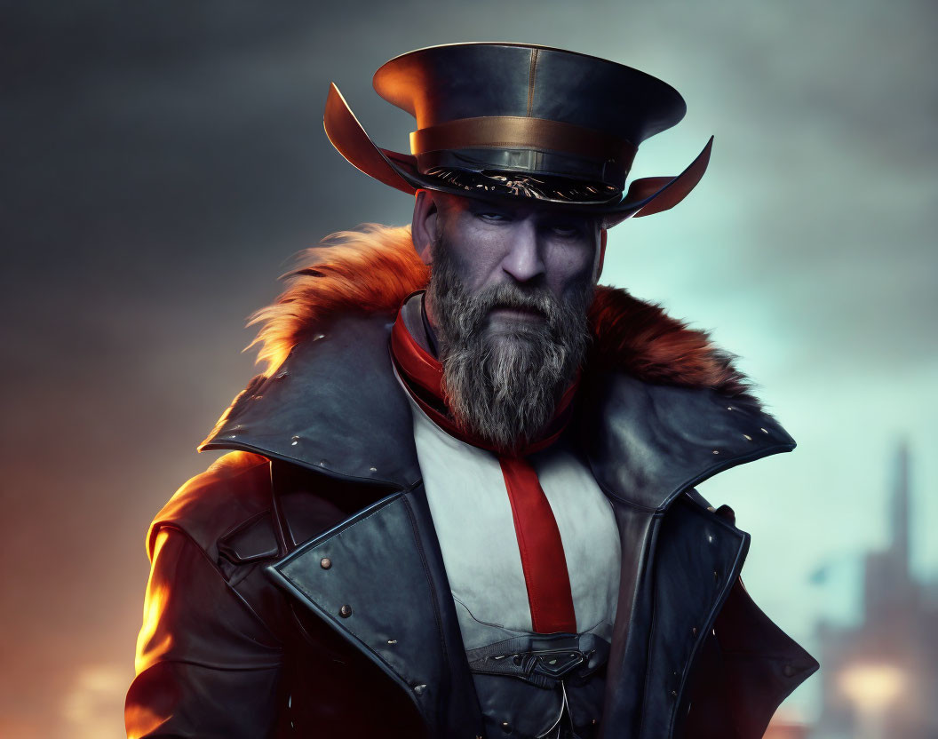 Bearded man in stylized hat, red scarf, and fur collar coat on smoky background