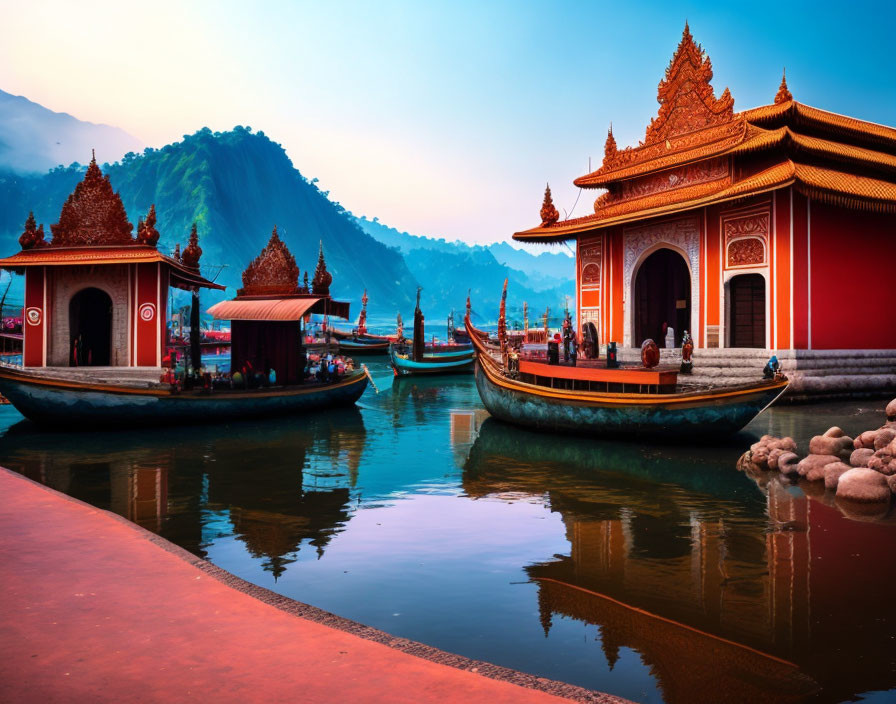 Scenic sunset view of tranquil lake with red buildings, boats, and mountains