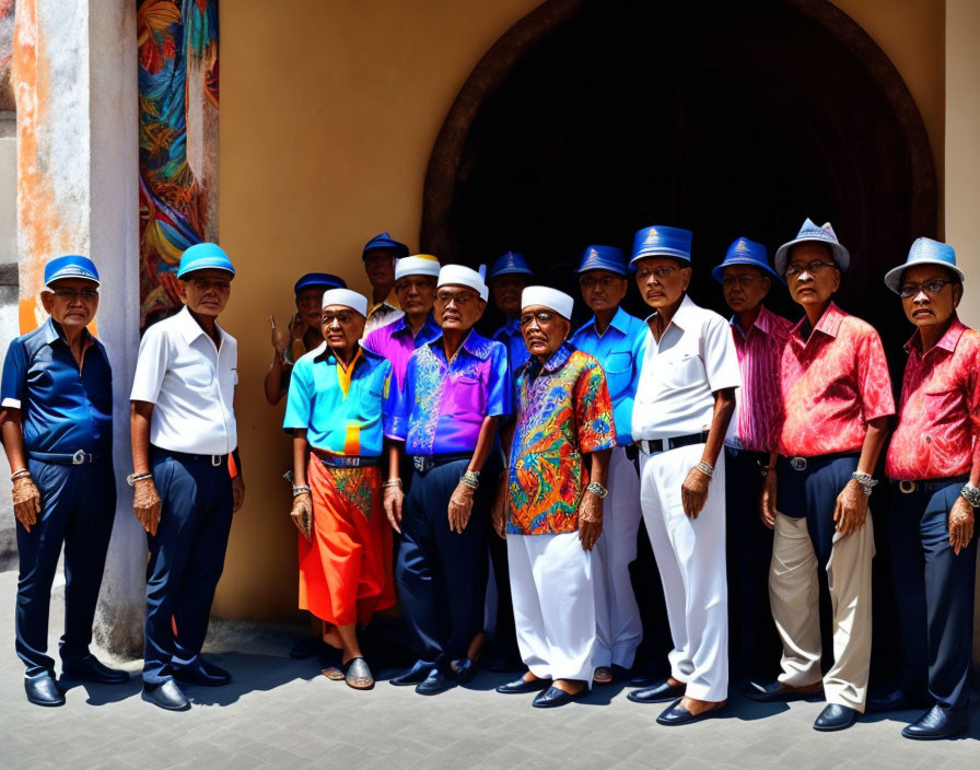 Elderly Men in Vibrant Shirts and Blue Fedoras Pose by Orange Building