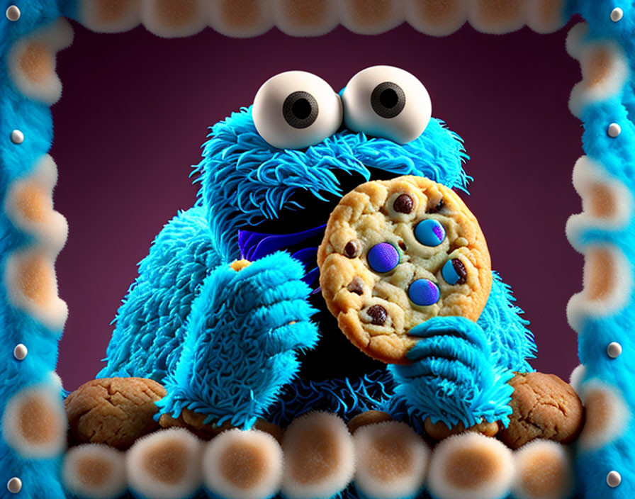 Colorful Cookie Monster with cookie on purple backdrop