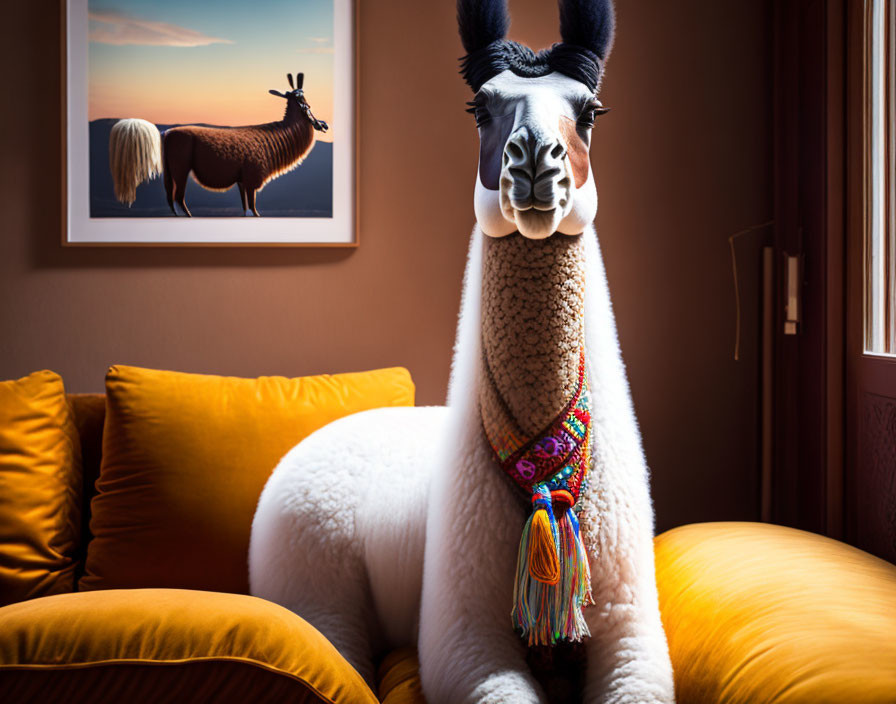 Colorful Necklace-Wearing Llama on Couch with Framed Llama Picture