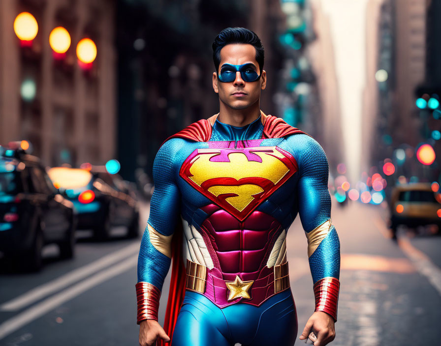 Colorful Superhero in Cape Stands in Urban Street