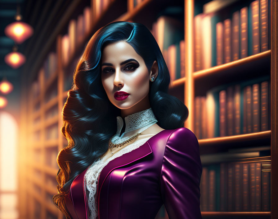 Dark-haired woman in purple satin dress standing in warmly lit library