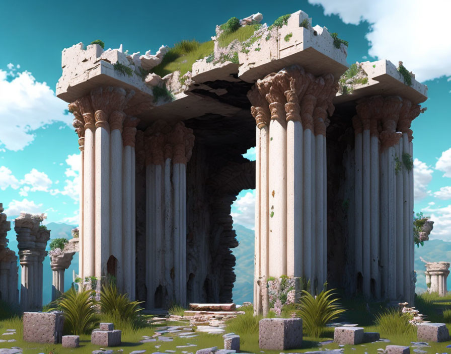 Ancient ruins with Corinthian columns in lush landscape under blue sky.