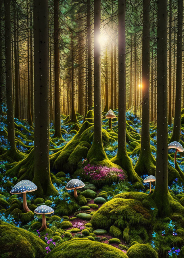 Lush forest scene with sunlight, mossy ground, and oversized mushrooms