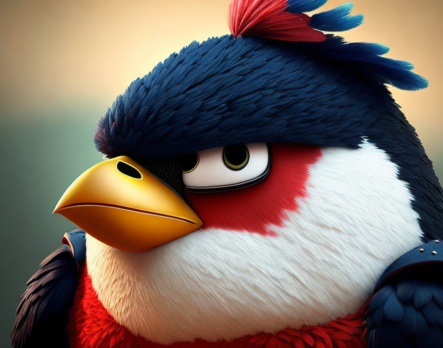 Stylized animated bird with red, white, and blue plumage and orange beak