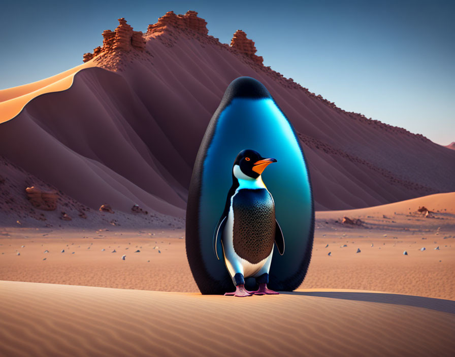 Penguin in front of surreal glowing portal in desert landscape