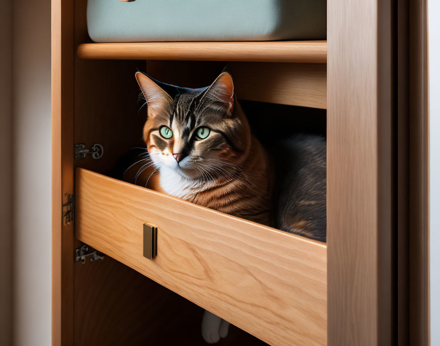 Striped domestic cat sitting in open wooden drawer.