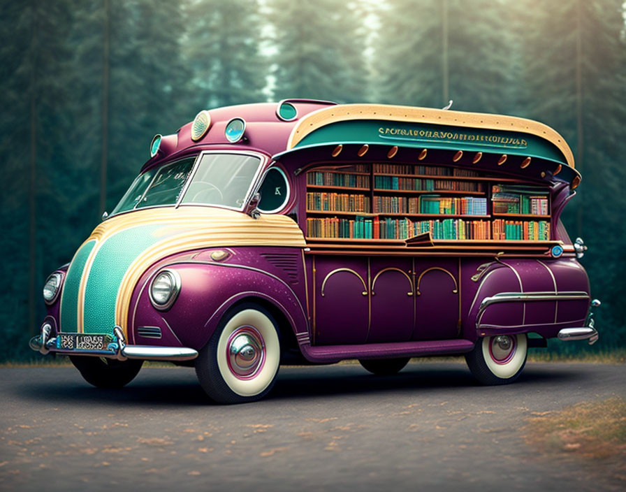Vintage Bus Mobile Library in Forest Setting