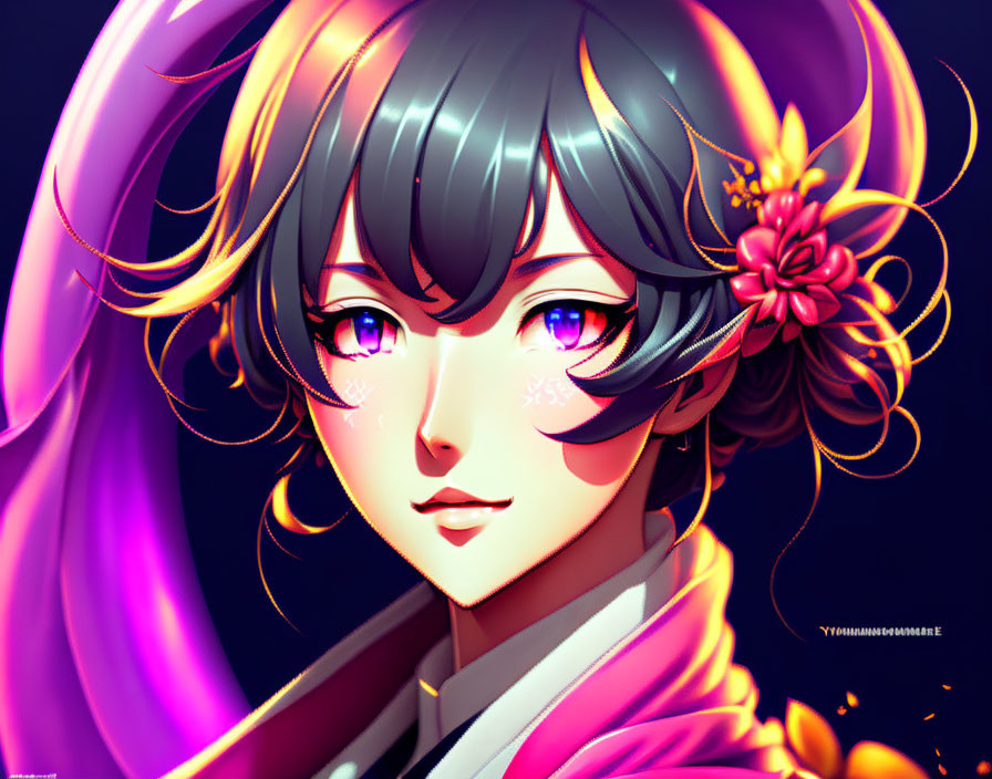 Colorful character illustration with purple hair, floral accessory, and pink eyes