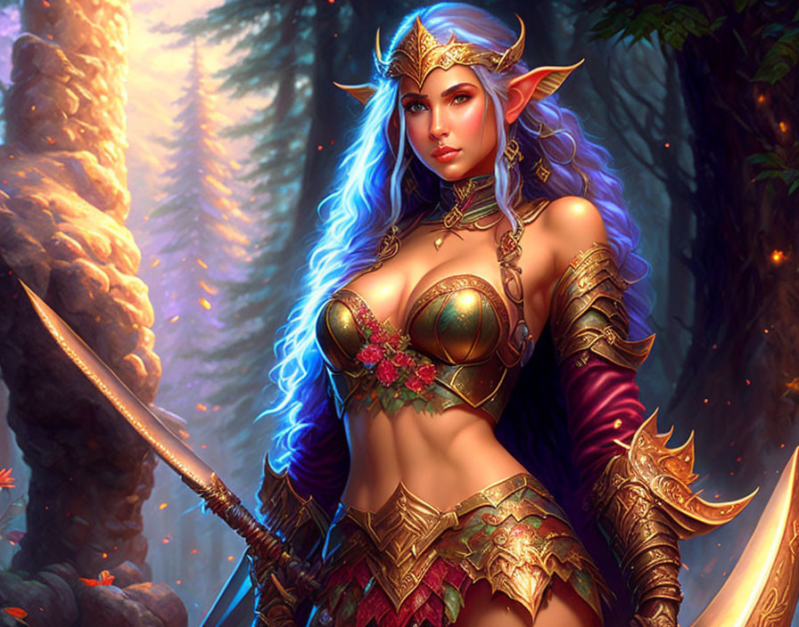 Elf warrior in golden armor with spear in magical forest