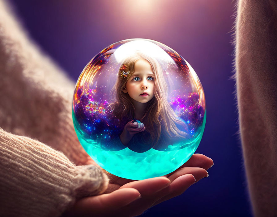 Young girl with wide eyes and flowing hair in luminous cosmic sphere