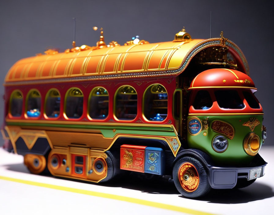 Colorful retro-futuristic bus model with intricate designs and glossy finish