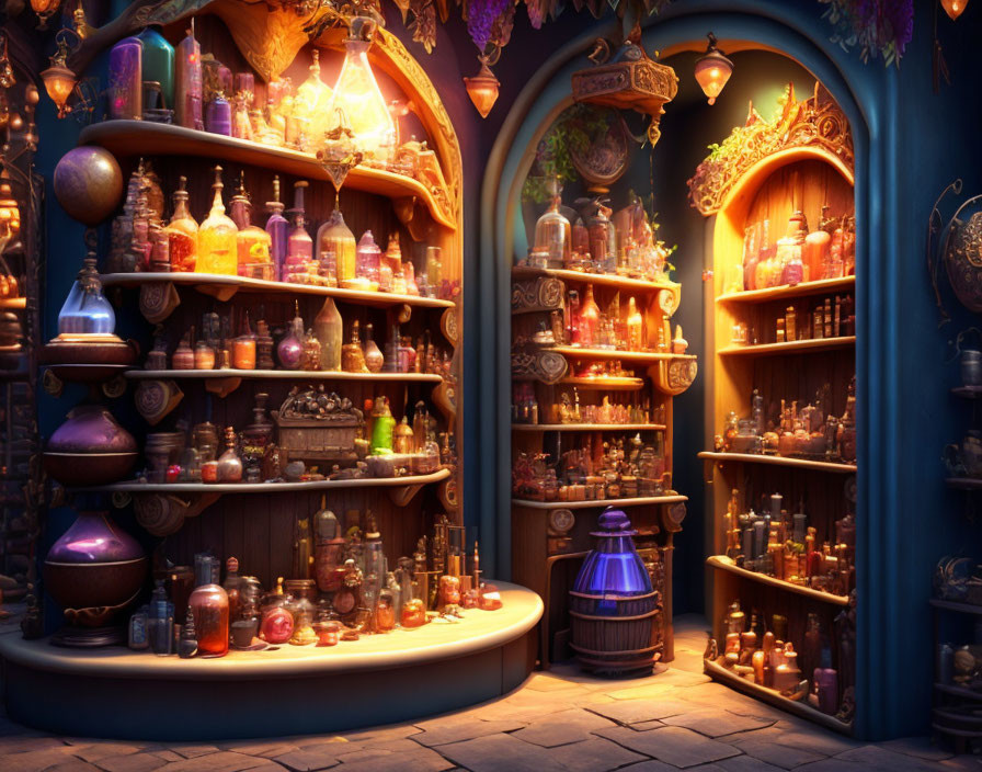 Colorful, intricate bottles in a warm-lit potion shop