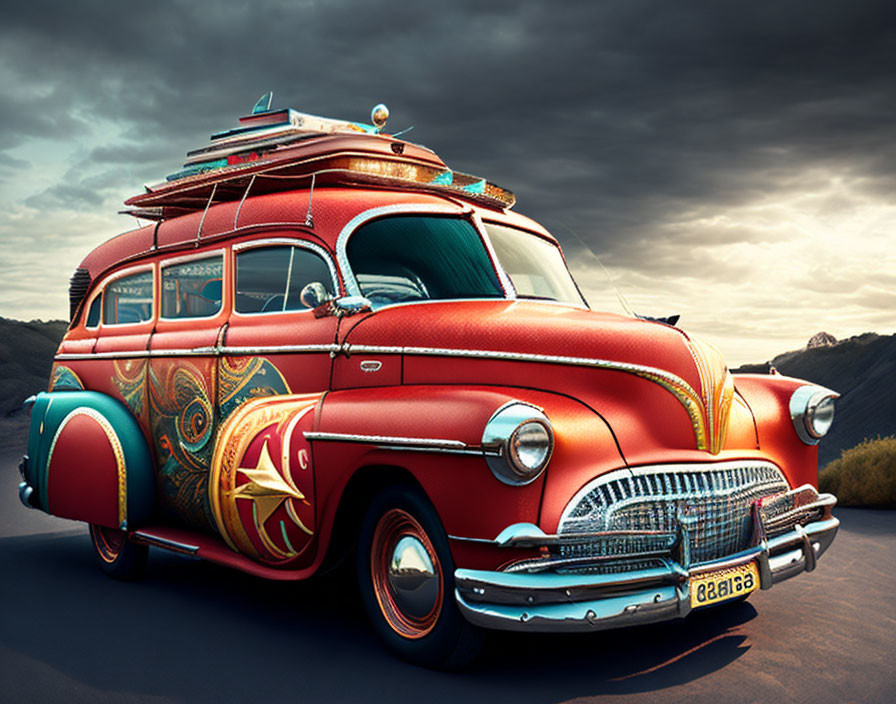 Colorful vintage bus with surfboard under dramatic sky