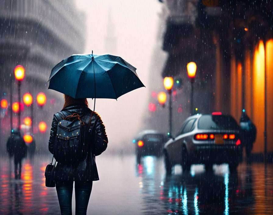 Person with umbrella on rain-soaked street under city lights.