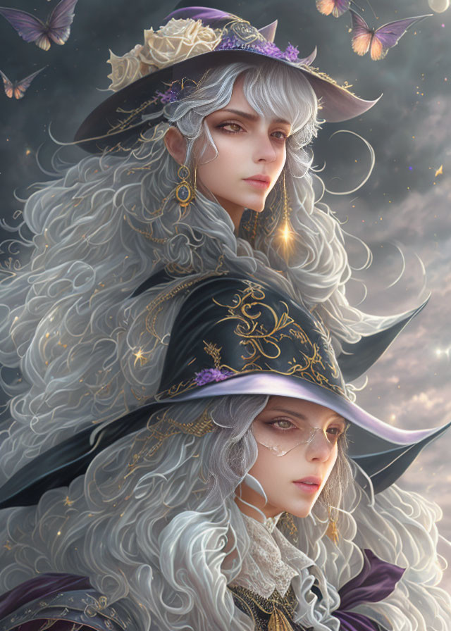 Illustration of person with wavy white hair in ornate hat, surrounded by butterflies