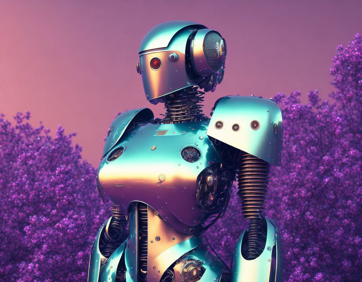 Sleek blue metallic humanoid robot among purple flora