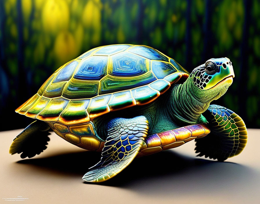 Colorful Turtle Digital Art with Multicolored Shell on Green and Yellow Background
