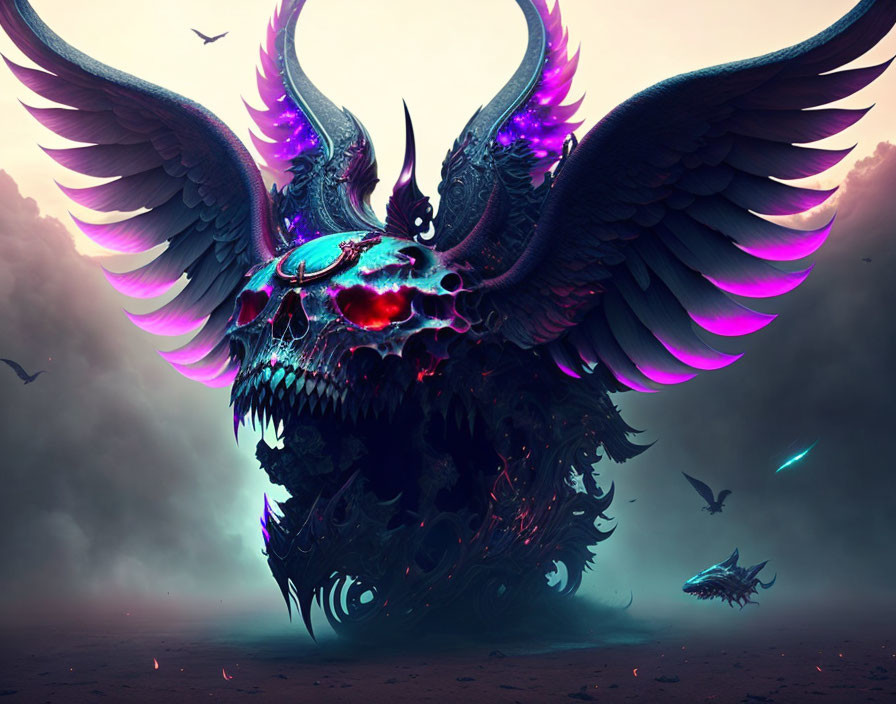 Skull-faced creature with glowing eyes and large wings in misty landscape