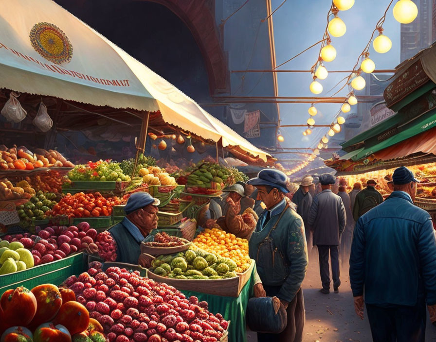 Vibrant market scene with fresh produce, shoppers, and cozy lighting