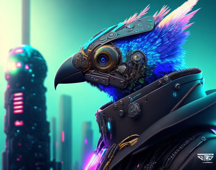 Blue feathered cybernetic bird in futuristic cityscape