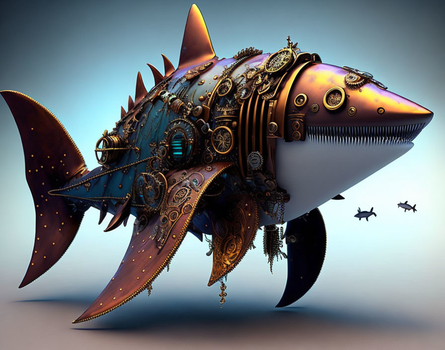 Steampunk mechanical shark with bronze plating and intricate gears