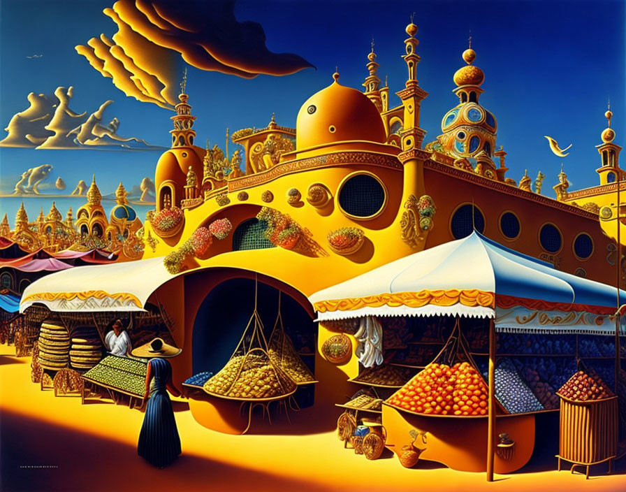 Surreal artwork: Golden palace, figure, tented market.