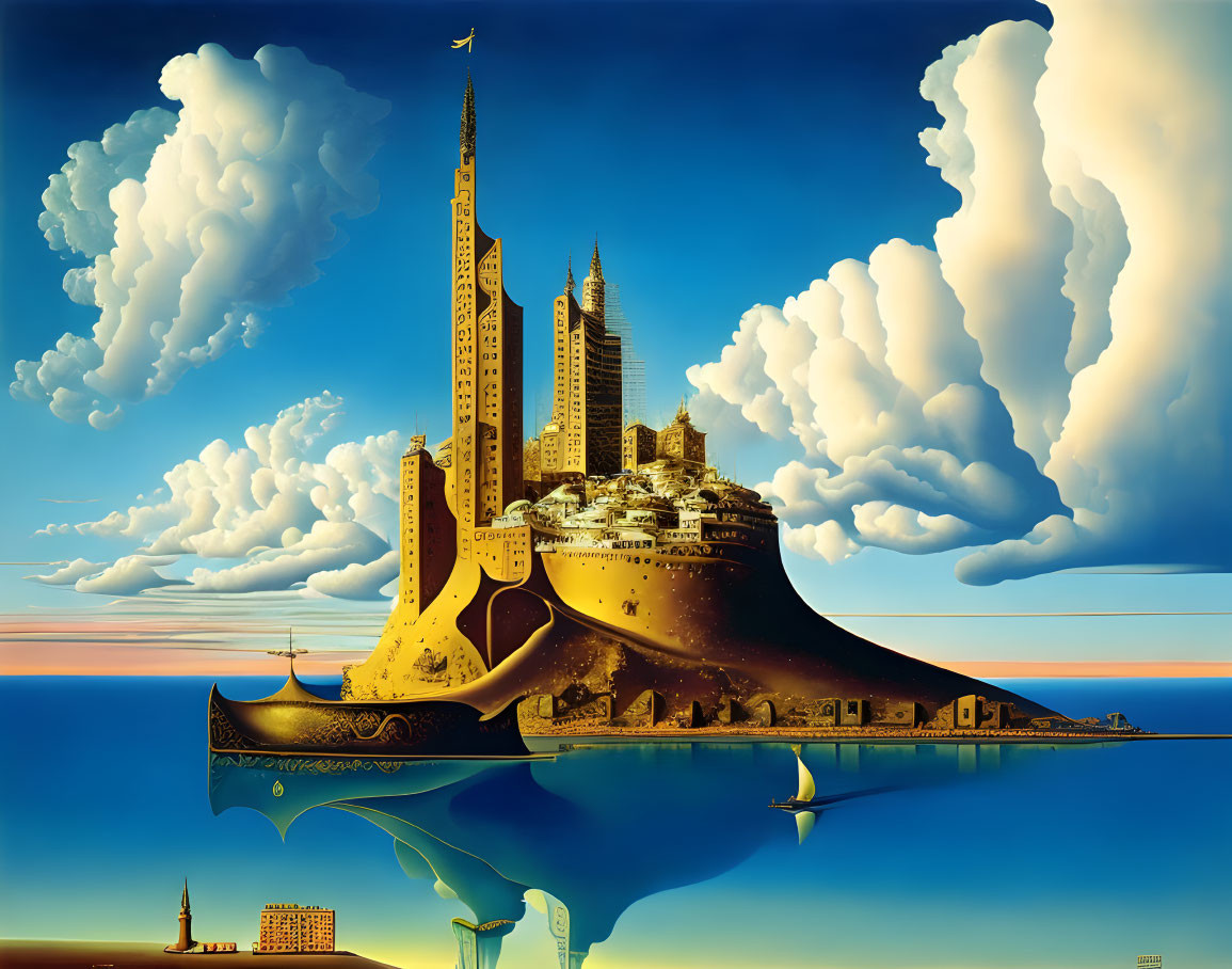 Surrealist painting of fantastical city on floating rock island