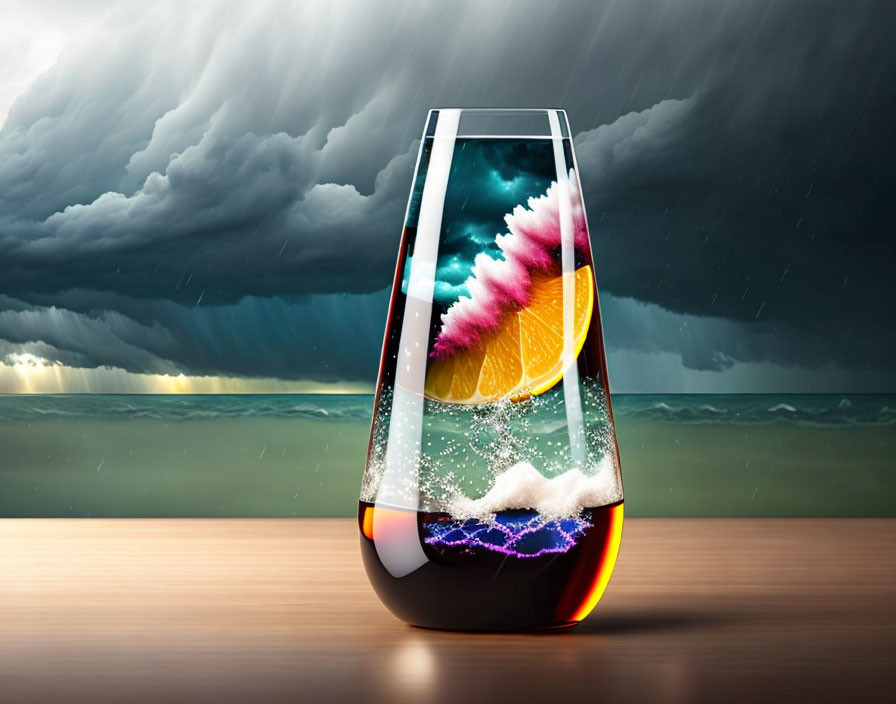 Colorful Cocktail Glass with Stormy Sea Backdrop and Orange Slice