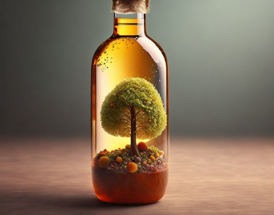 Miniature Ecosystem in Glass Bottle with Tree and Fruits