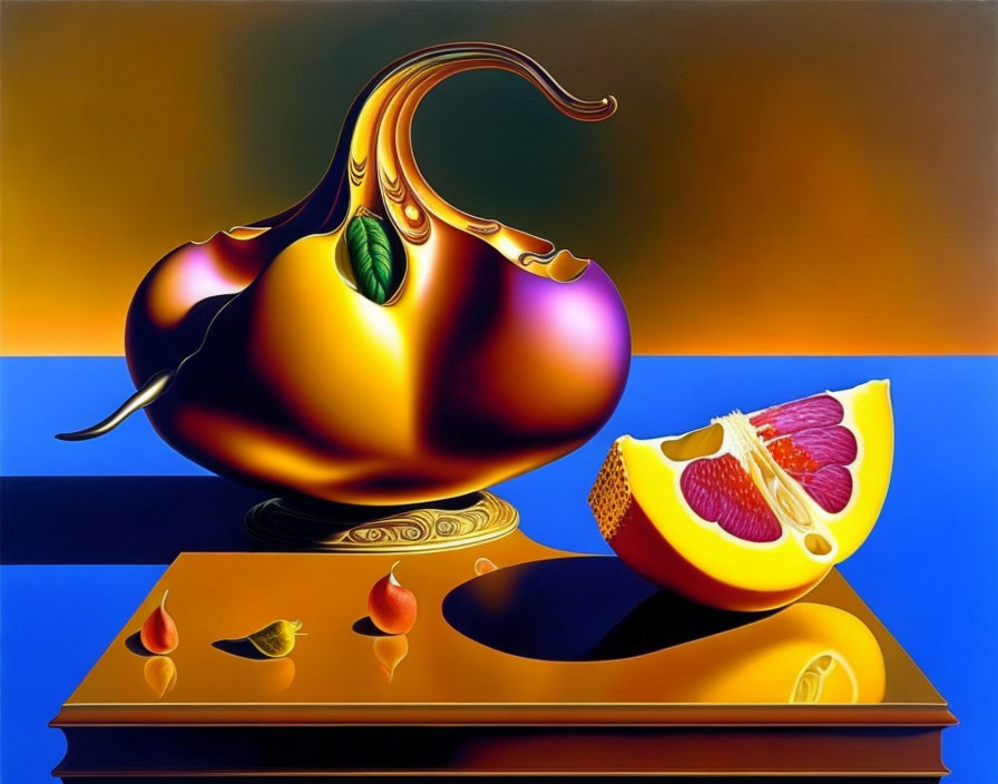 Surreal painting of metallic gourd, citrus slice, and reflective surface
