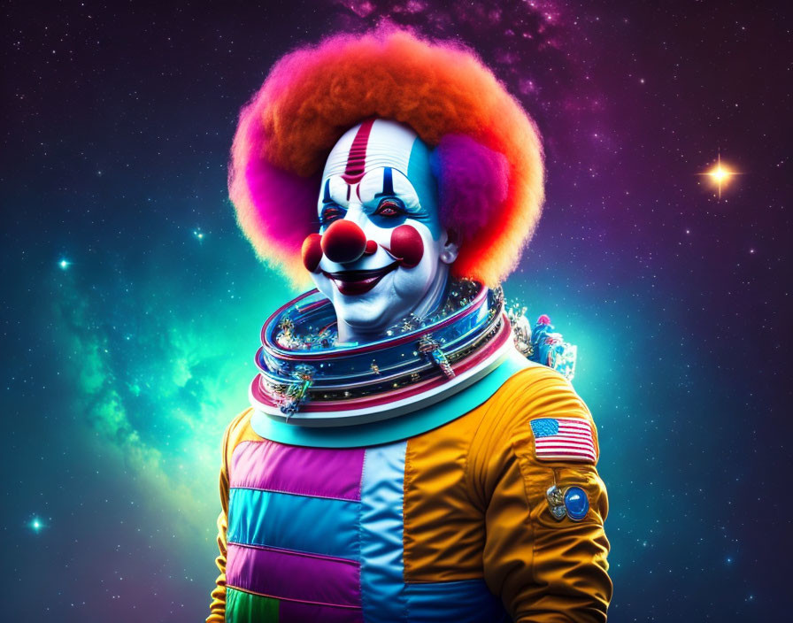 Colorful Space Clown with Rainbow Afro in Futuristic Astronaut Suit