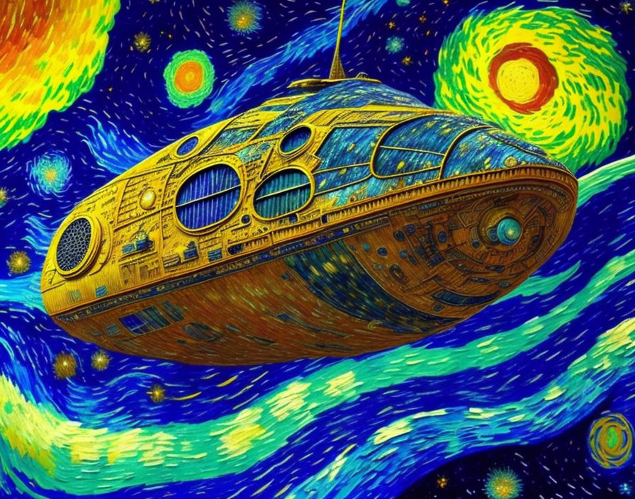 Colorful spaceship flying through Van Gogh-inspired space scene